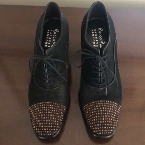 Rocco P Black Suede Lace up pumps w gold studs - Picture 1 of 7